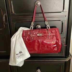 Coach Red Patent Leather Tote Satchel Bag, excellent condition with storage bag